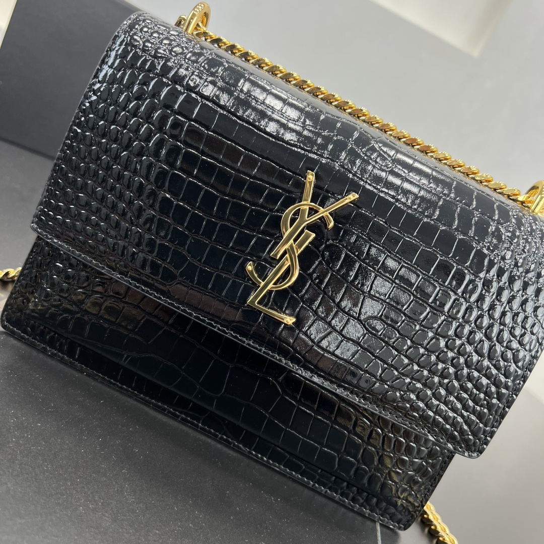 Saint Laurent Sunset Crocodile Embossed Calfskin Handbag Shoulder Bag Black 442906 Gold